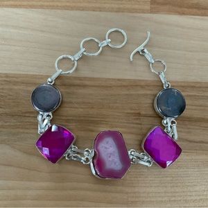 Pink Solar Quartz, Mystic & Gray Pearl Silver Bracelet